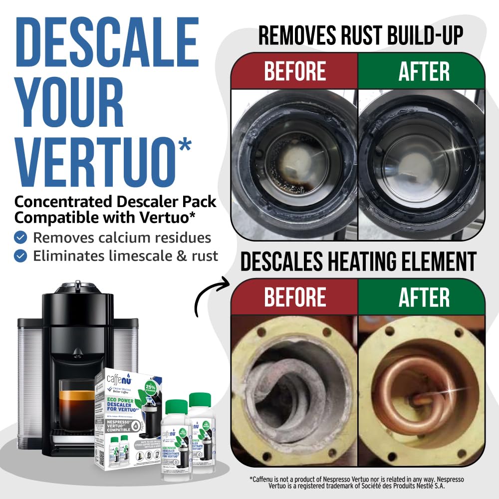 Nespresso Compatible Descaling Kit. 2 Bottles of Vertuo Descaler Solution. Removes Limescale For Hotter Coffee. 4 Uses Descaler For Nespresso Vertuo Coffee Machines.