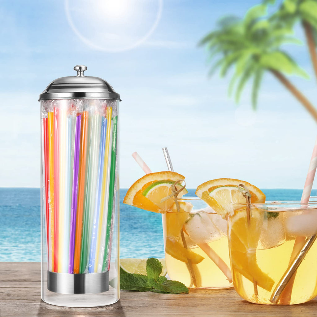 Kailund Glass Straw Holder Drinking Straw Dispenser for Counter with 200 Straws & Stainless Steel Lid, Retro Straw Organizer Container for Cafes, Bars, Home