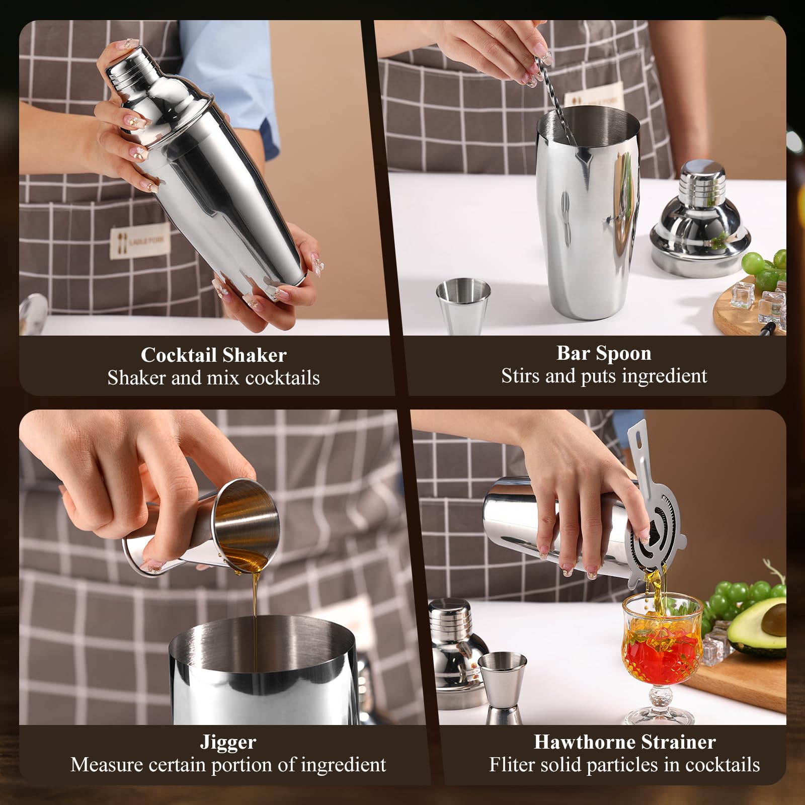 HANFLLC 24oz Cocktail Shaker Set, Drink Shaker Cocktail Kit 304 Stainless Steel, Martini Shakers with Strainer, Bar Drink Shakers for Cocktail with Mixing Spoon & Double Sided Jigger Men Gifts Ideas