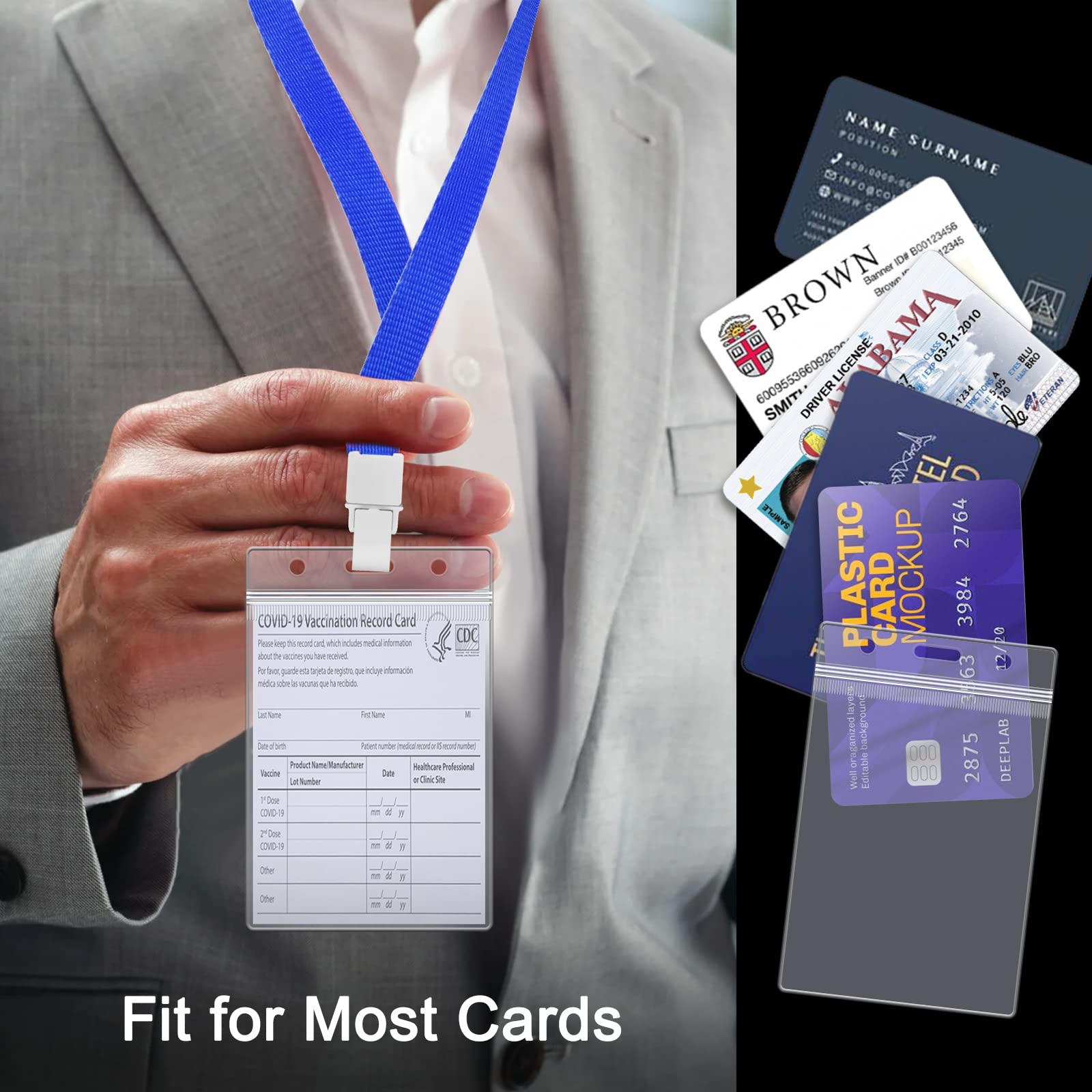 FZENeast ID Card Holder, 100 PCS Vertical Clear Plastic Badge Holder with Waterproof Resealable Zip, Name Tag Holder for Multiple Cards