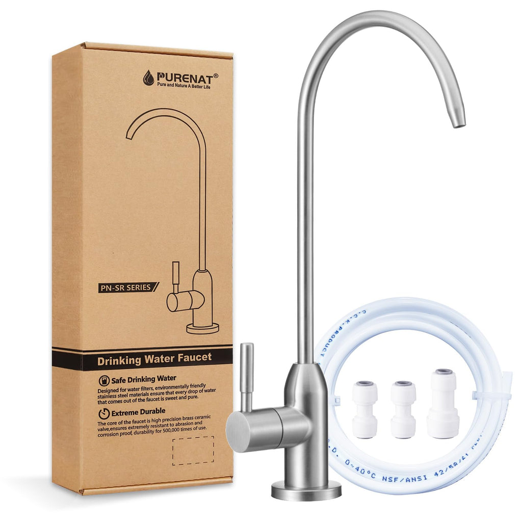 Drinking Water Faucet - Long Thread Stem Filtered Water Tap for Thick Countertop,Lead-Free RO Faucet with Hose and Push Connect Fittings(Brushed Stainless)