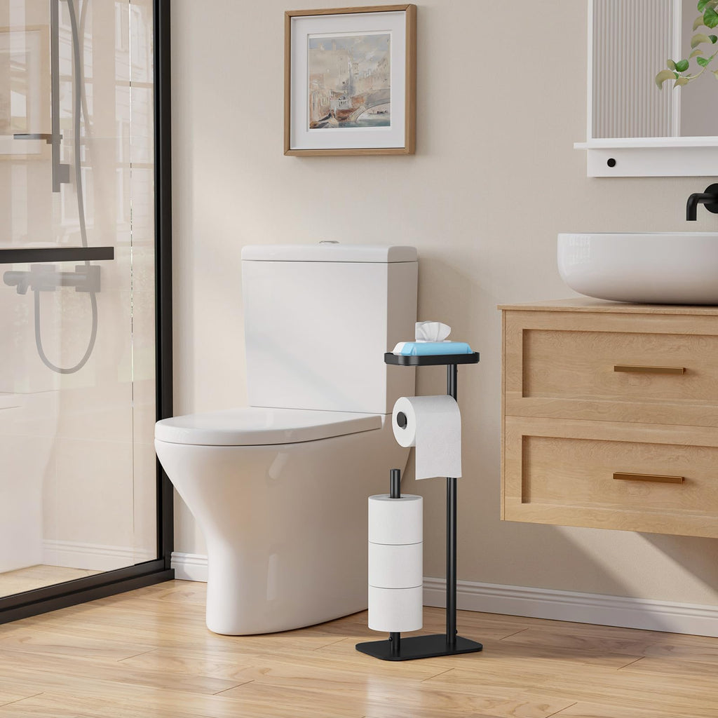 Kitsure Toilet Paper Roll Holder Free Standing – Rustproof Metal Toilet Paper Stand for 4 Rolls with Anti-Slip Base and Shelf for Phone & Small Items, Black, 63.0 x 23.5 x 15.0 cm
