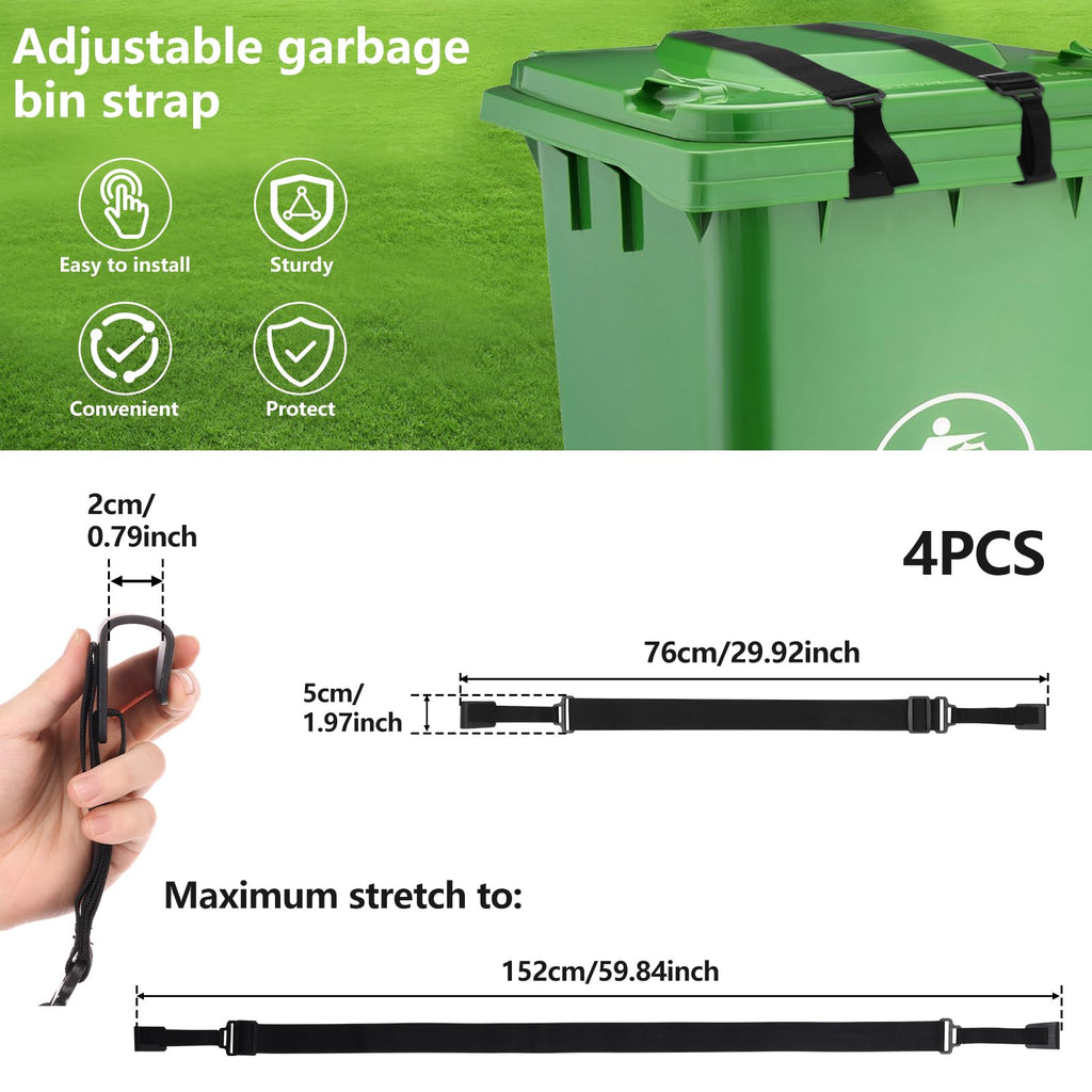4PCS Trash Can Lid Lock for Animals, Adjustable Garbage Can Strap Lock, No Drilling Garbage Bin Lock Outdoor, Universal Trash Bin Cord Strap Security Against Raccoons, Prevent Tipping Over, No Tool
