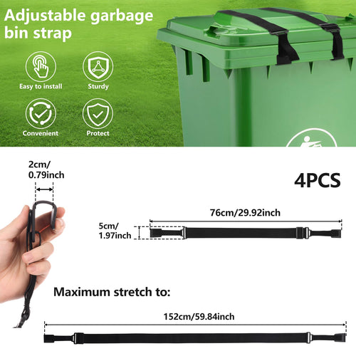 4PCS Trash Can Lid Lock for Animals, Adjustable Garbage Can Strap Lock, No Drilling Garbage Bin Lock Outdoor, Universal Trash Bin Cord Strap Security Against Raccoons, Prevent Tipping Over, No Tool