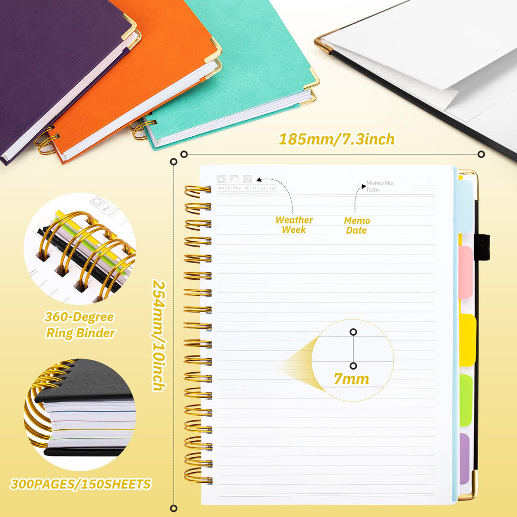 ONLYESH Spiral Notebook Journal,300Pages Hardcover Spiral Notebook journal with Removable Dividers Tabs,7.3"x10" Large Lined Journaling for Work, School, Women, Men（BLACK）