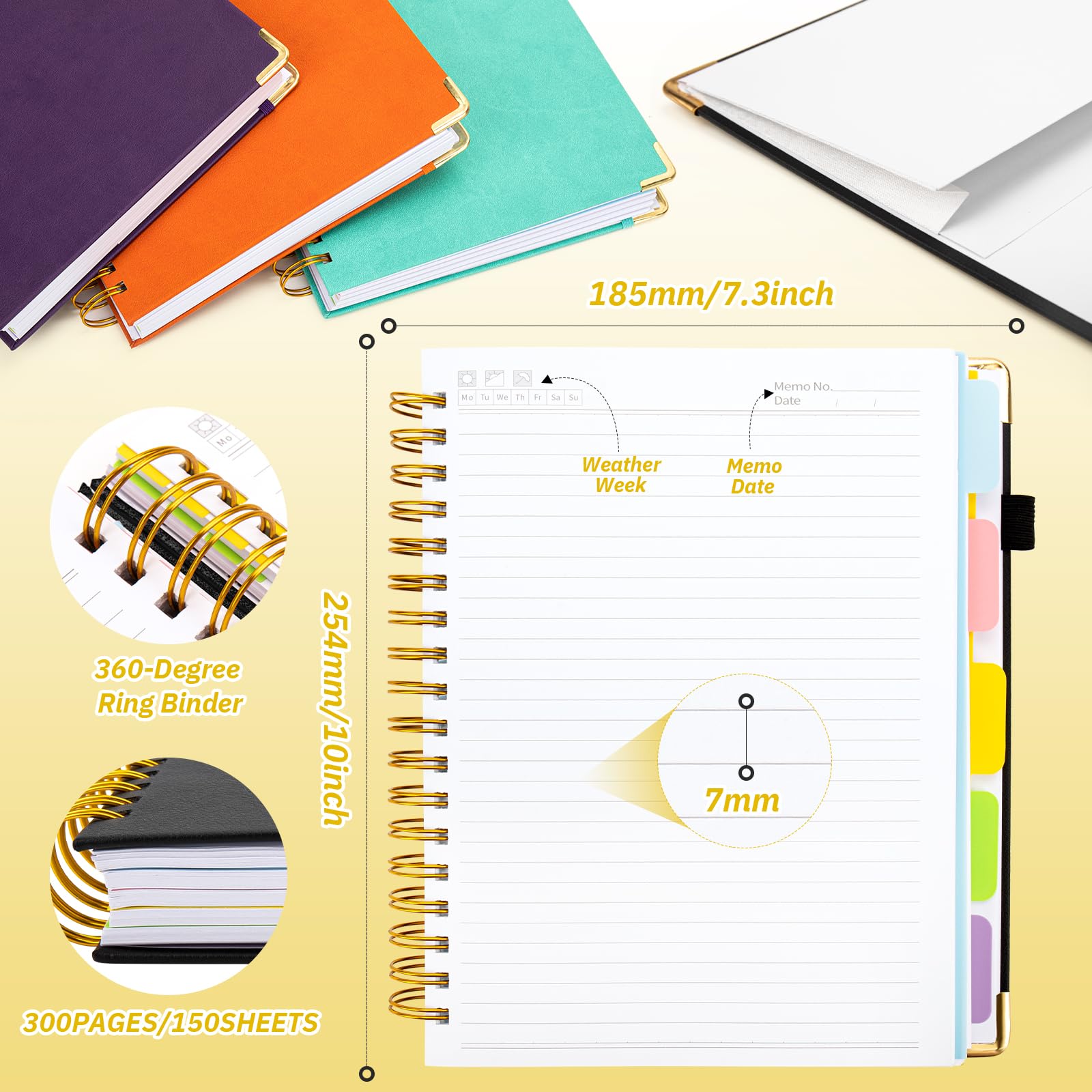 ONLYESH Spiral Notebook Journal,300Pages Hardcover Spiral Notebook journal with Removable Dividers Tabs,7.3"x10" Large Lined Journaling for Work, School, Women, Men（BLACK）