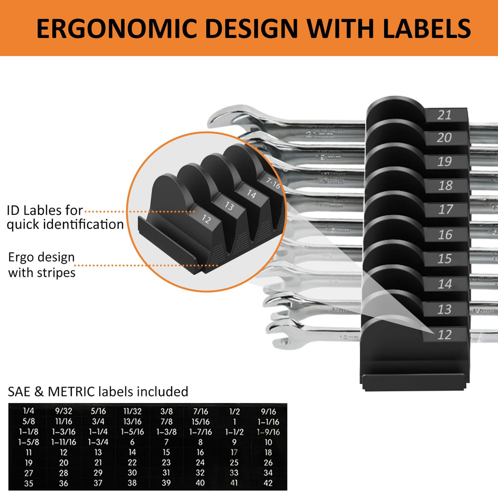 52 pcs Modular Wrench Organizers for Tool Drawers - Wrench Rack with Metric&SAE Labels, Perfect Tool Storage Holder. Gift for Father and Boyfriend (Black)