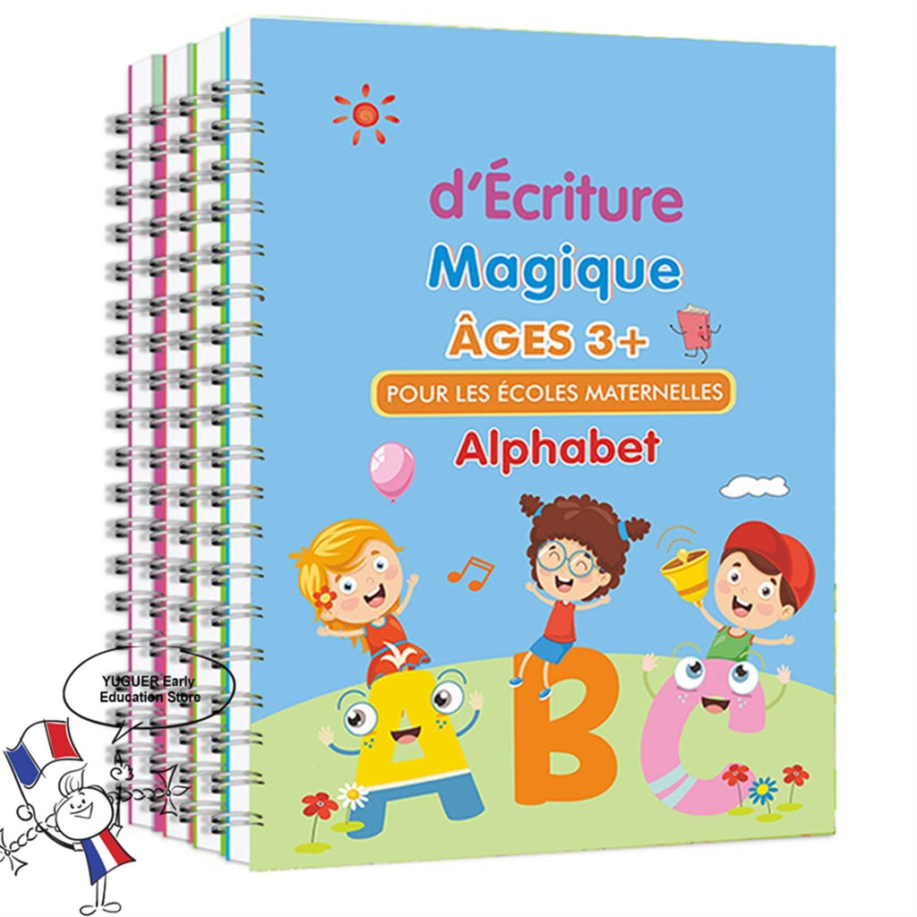 SMDSAZ French 3D Groove Magic Practice Copybook Children Book Learning Numbers French Letters Calligraphy Writing Exercise Books Gift (Color:French 4 Books)
