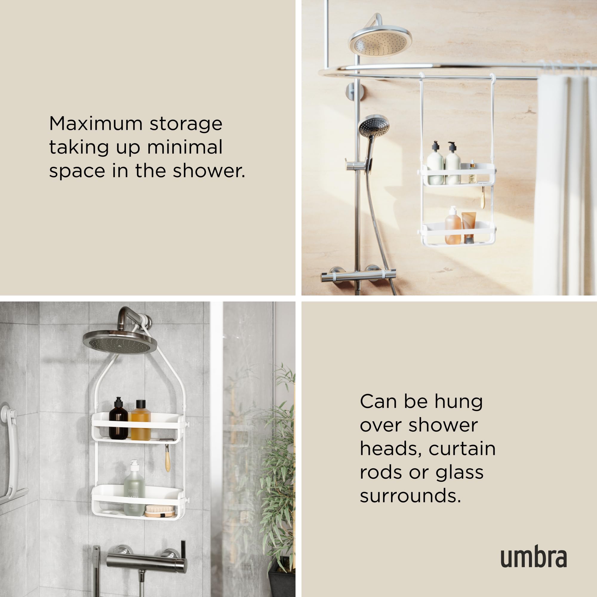 Umbra Flex Hanging Shower Caddy with 2 Shelves, Bathtub Shelf and Bathroom Organizer, White