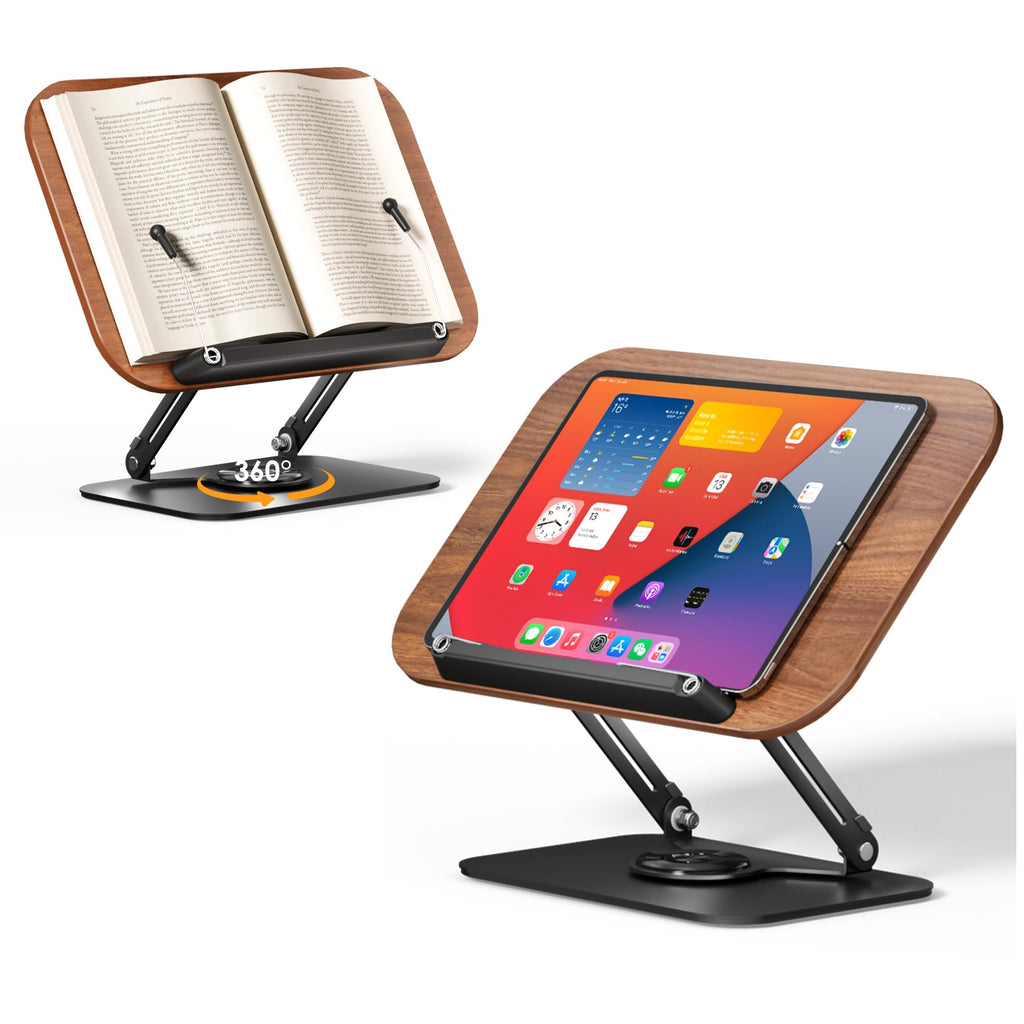 SupeDesk Book Stand for Reading, Adjustable Book Holder with 360° Rotating Bases, Foldable Designs, and Elastic Clips, Multifunctional Display Stand for Recipe, Cookbooks, Tablets, Laptops