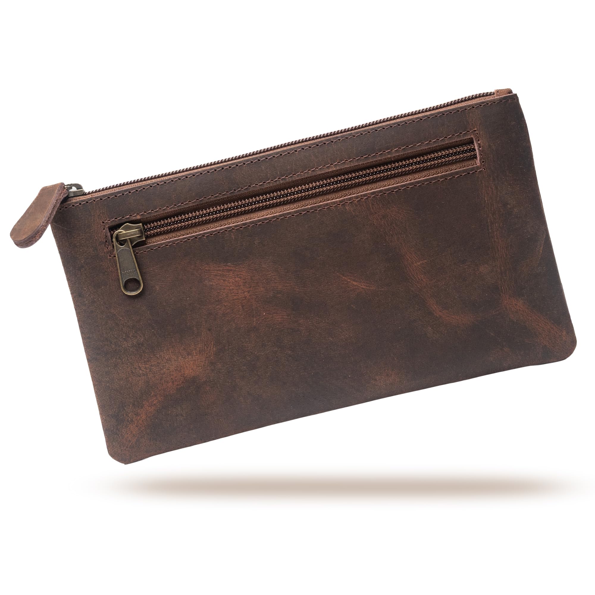 Wanderings Vintage Leather Pencil Pouch Case - 9"x5.5" / 23 x 14 cm - Hand Crafted Functional Brown Leather Zipper Pouch - Pencil Bag for Artists, Travel Makeup, Jewelry, and Purse Bag