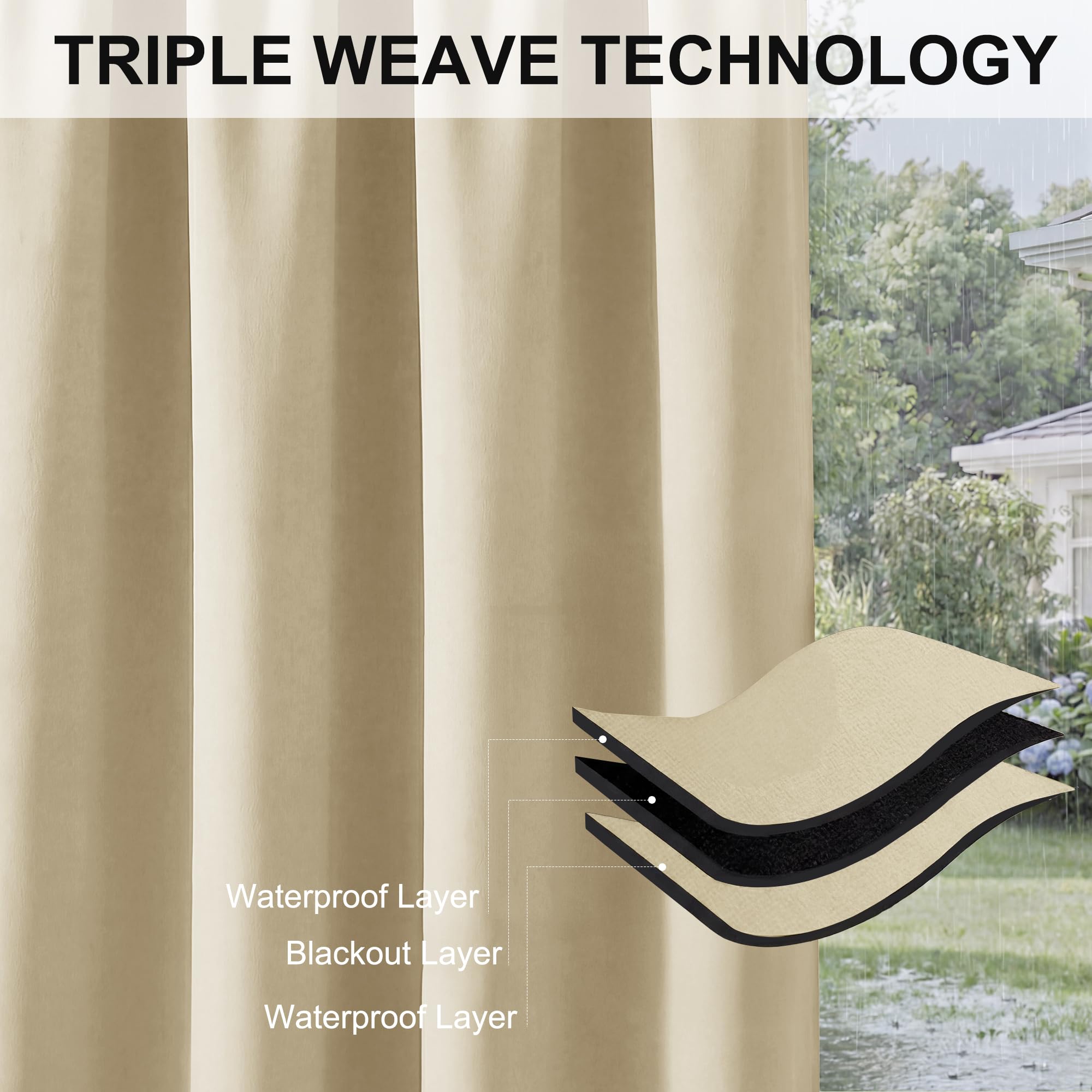 RYB HOME Outdoor Patio Curtain - Pergola Drape Indoor Outdoor Waterproof Curtains, Grommet Drape Blackout for Pavilion Gazebo Porch Door, 1 Panel, 52 inches Wide x 84 inches Long, Biscotti Beige