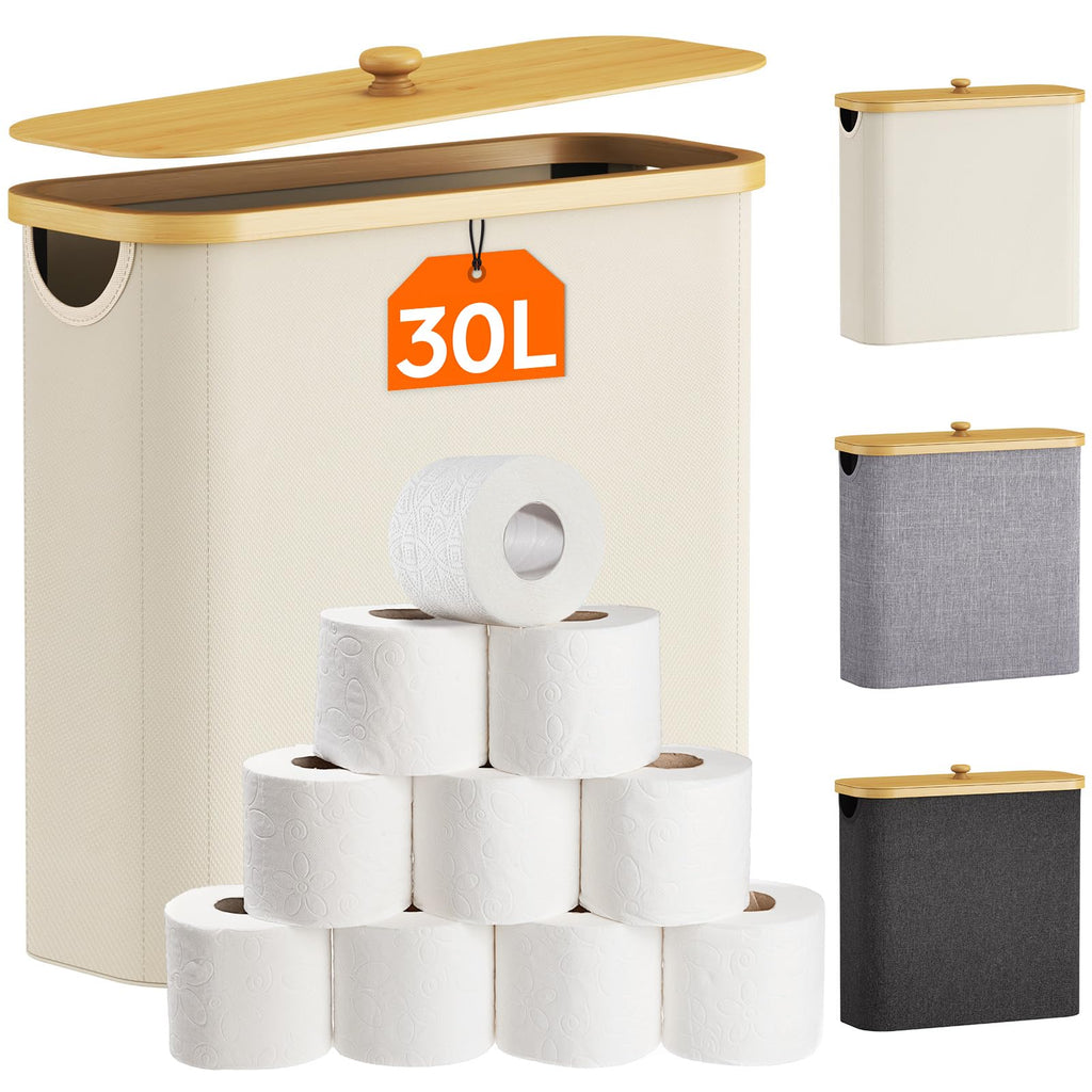 Lifewit Toilet Paper Storage Holder for 12 to 16 Rolls, Free Standing Toilet Paper Basket Stand with Bamboo Lid, Collapsible Fabric Bathroom Organizer Box for Mega Rolls, 30L, Extra Large, White