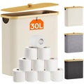 Lifewit Toilet Paper Storage Holder for 12 to 16 Rolls, Free Standing Toilet Paper Basket Stand with Bamboo Lid, Collapsible Fabric Bathroom Organizer Box for Mega Rolls, 30L, Extra Large, White
