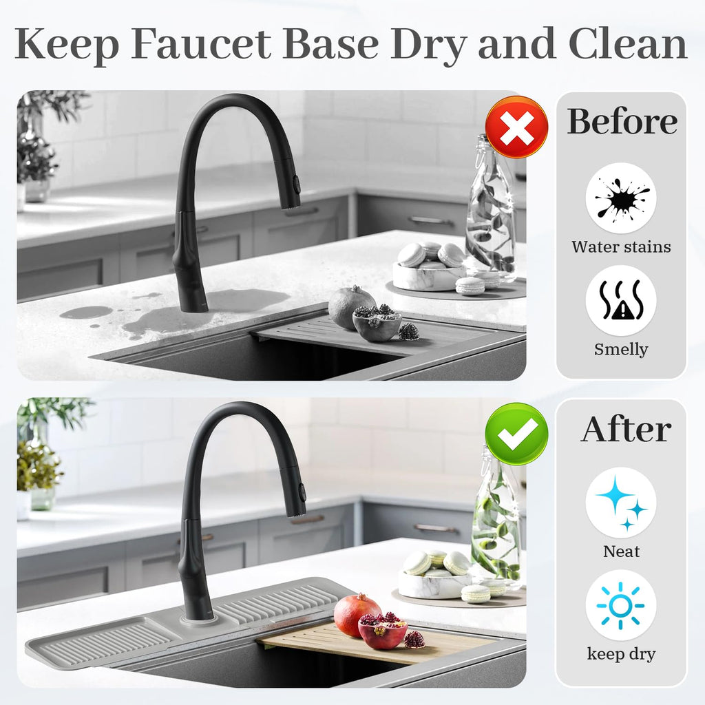PoYang 24 inch Kitchen Sink Splash Guard, Silicone Draining Mat for Sink Longer Silicone Faucet Drainer Pad, Sink Protector for Kitchen Sink Mat, Sponge Holder for Kitchen Sink Accessories, Light Grey