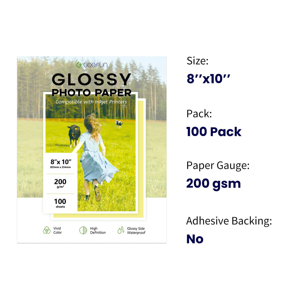 100 Sheets Glossy Photo Paper 8x10, Goefun 200GSM/54LB Inkjet Printer Paper for Dye Ink