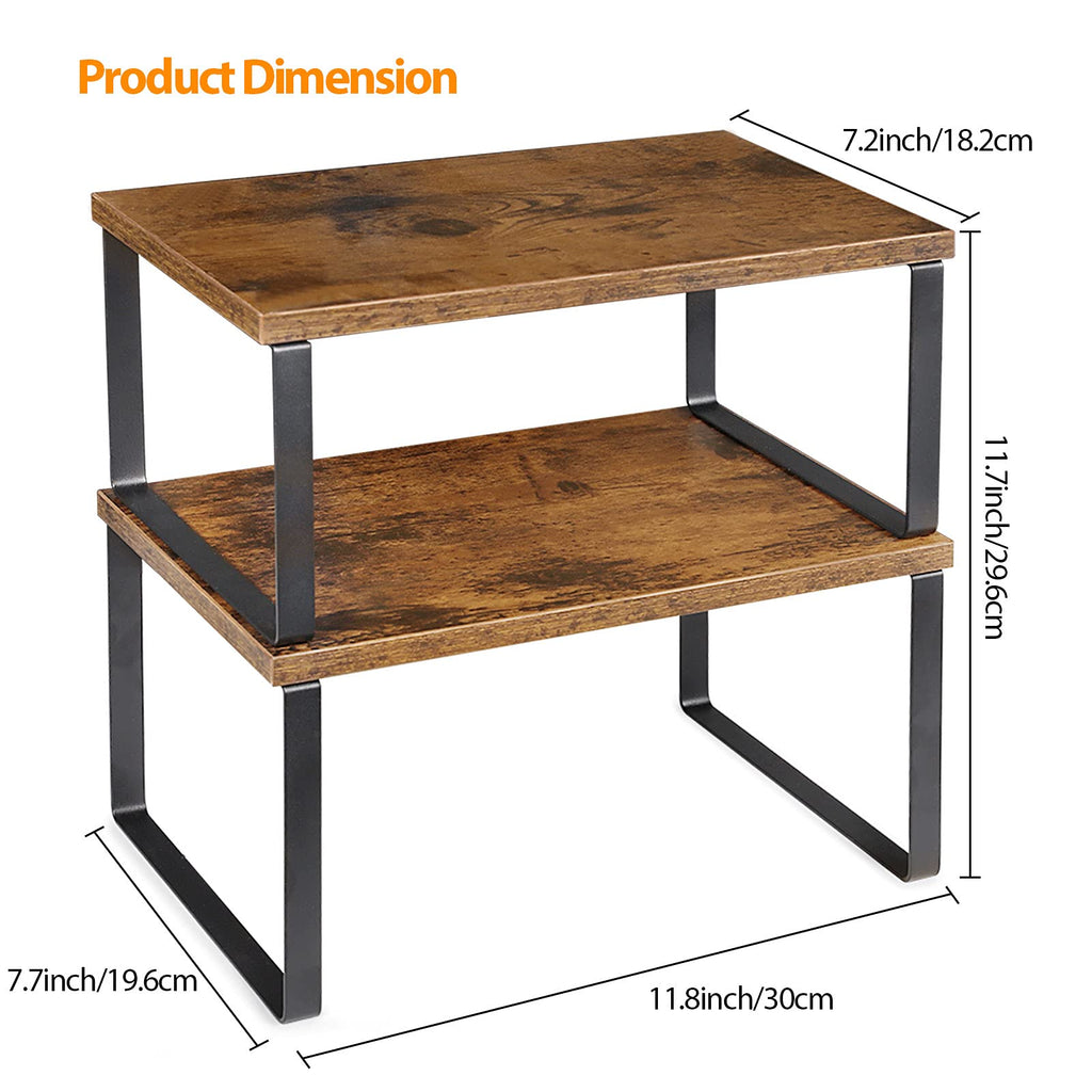 Cabinet Shelf Organizers, Set of 4 Wood and Metal Kitchen Storage Racks, Stackable Countertop Shelves, Expandable Pantry and Cupboard, Modern Black and Brown