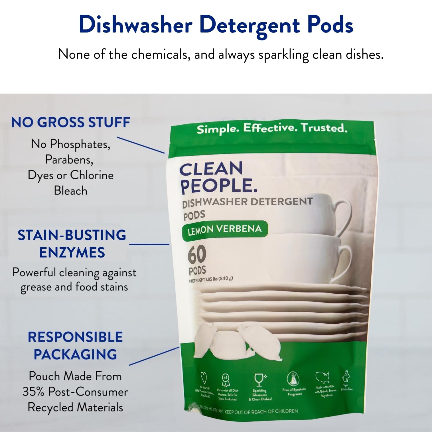 Clean People All Natural Dishwasher Pods - Cuts Grease & Rinses Sparkling Clean - Residue-Free - Phosphate Free Dishwashing Pods - Lemon, 60 Pack
