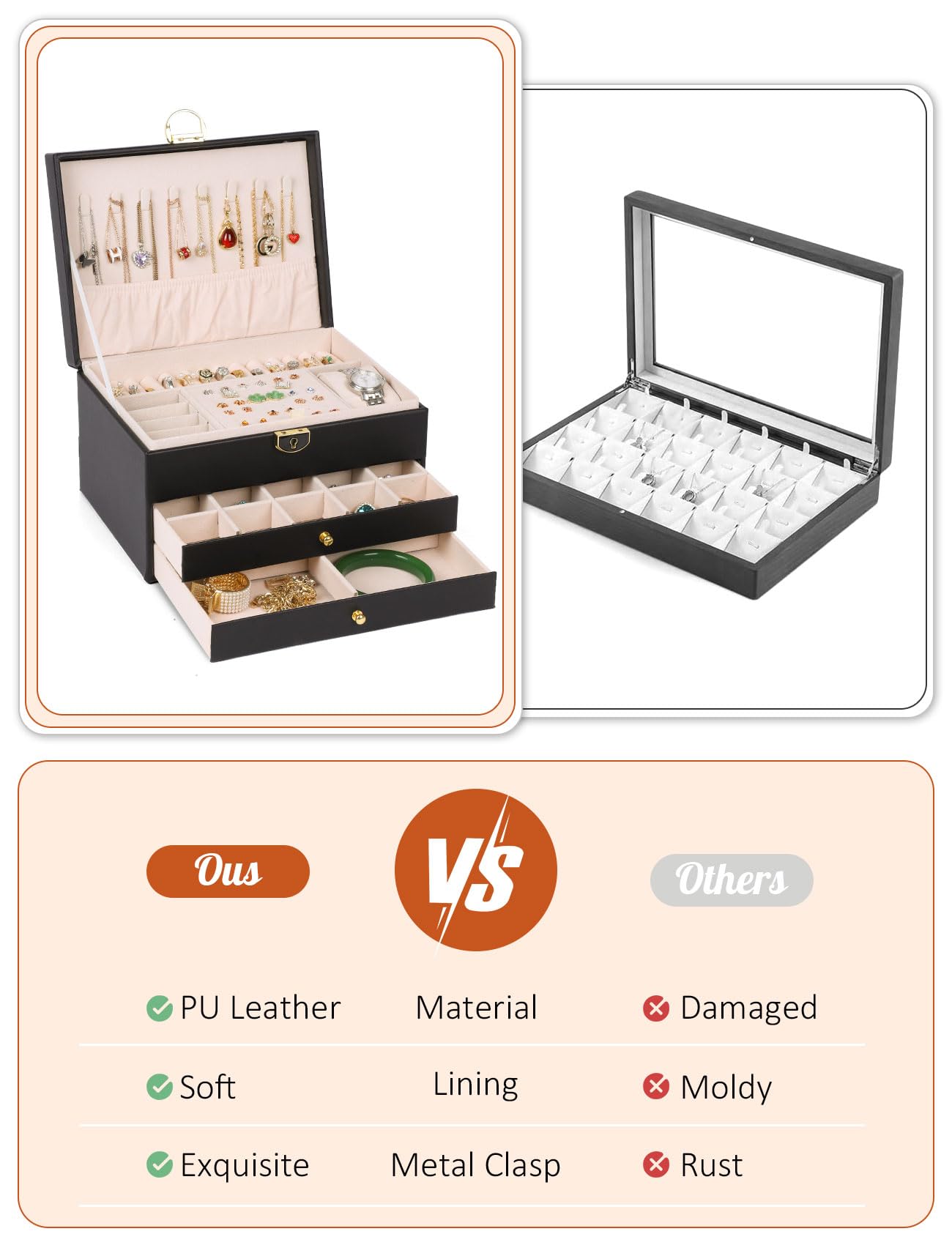 SYCARON Large Jewelry Box Organizer for Women Girls, 3 Layers PU Leather Jewelry Storage Case with Lock for Women and Girls Necklace Bracelets Earrings Rings Organizer, Black