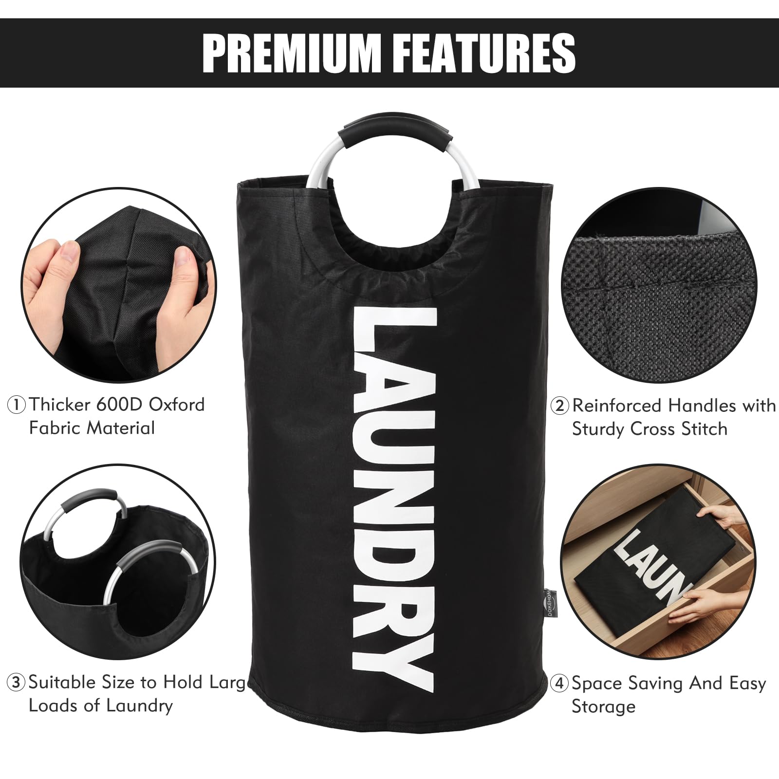 DOKEHOM 125L X-Large Collapsible Washing Laundry Basket Bag (7 Colors) for Bedroom, Fabric (Black, XL)