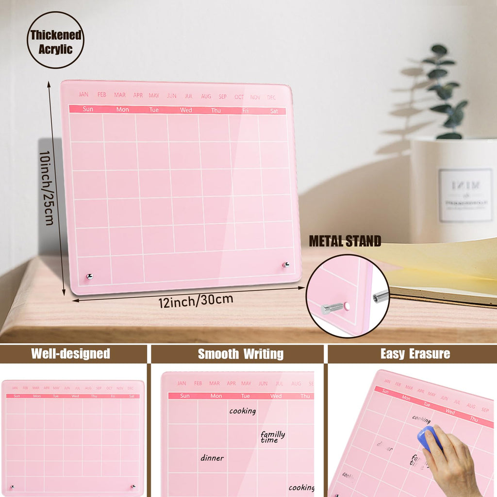 Marribol Calendar Dry Erase Board,30cmx25cm,Acrylic Desk Calendar with Stand,Dry Erase Calendar for Desk,Pink Dry Erase Board for Home Office School