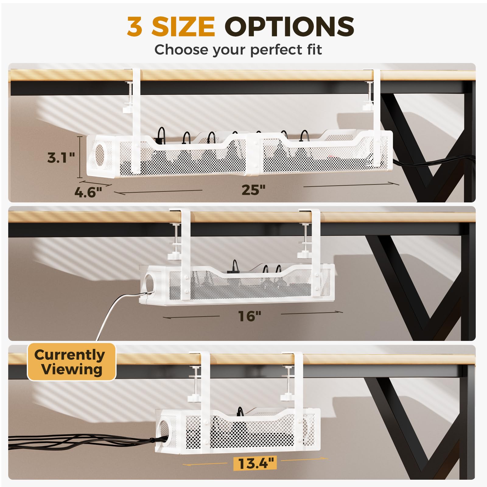 Under Desk Cable Management Tray White, Cinati Cable Management Under Desk No Drill, Cable Tray with Clamp for Desk Wire Management,Desk Cable Management Box for Office, Home - No Damage to Desk