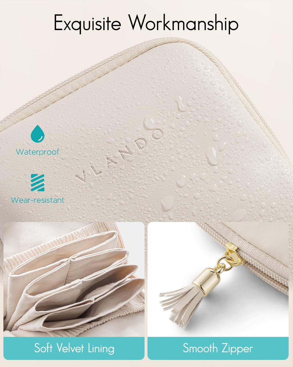 Vlando Small Travel Jewelry Case Organizer,Leather Jewelry Pouch Bags with Zipper,Portable Velvet Jewelry Organizer Bag for Earrings,Bracelets, Rings,Necklaces,Travel Essentials women,Beige