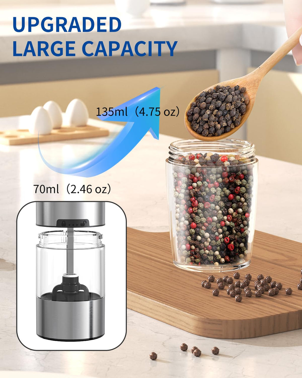 CIRCLE JOY Electric Gravity Salt and Pepper Grinder Set, Battery-Powered 135ml Refillable Automatic Salt and Pepper Shaker for Home, BBQ (Batteries Included), Adjustable Coarseness & LED Light
