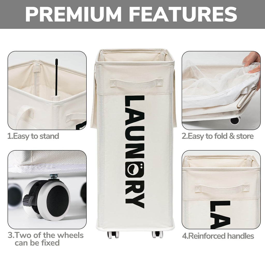 Goodpick Laundry Hamper with Wheels, 75L Collapsible Laundry Basket Organizer, Clothes Hamper with Removable Wash Bag for Bedroom, Large Laundry Basket with Handle, White