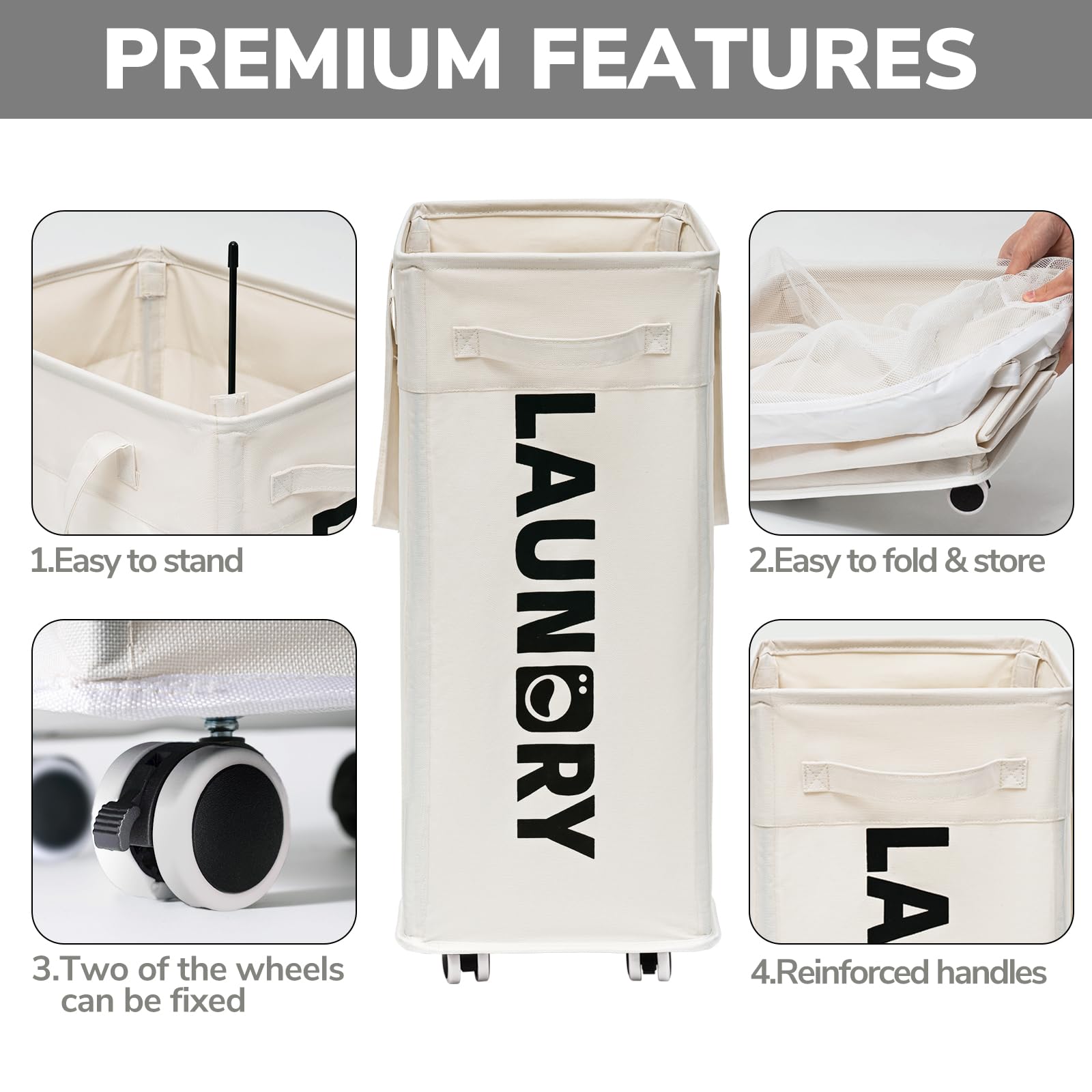 Goodpick Laundry Hamper with Wheels, 75L Collapsible Laundry Basket Organizer, Clothes Hamper with Removable Wash Bag for Bedroom, Large Laundry Basket with Handle, White