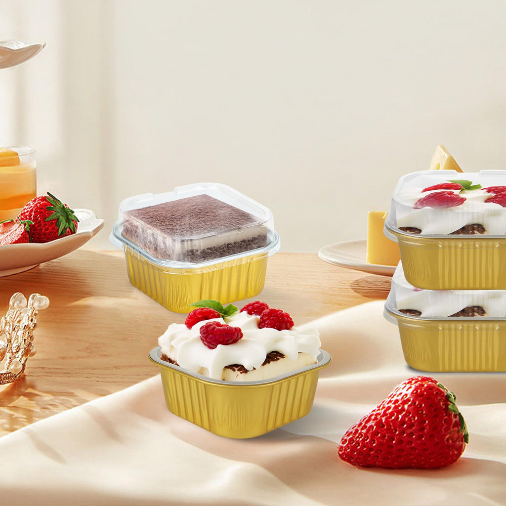 100Pcs Aluminum Foil Disposable Ramekins with Lids, 5.5oz Small Baking Cups Mini Cake Pans with Lids, Individual Cake Tins Square Cupcake Dessert Cake Containers Mini Loaf Pans for Cheesecake Muffin