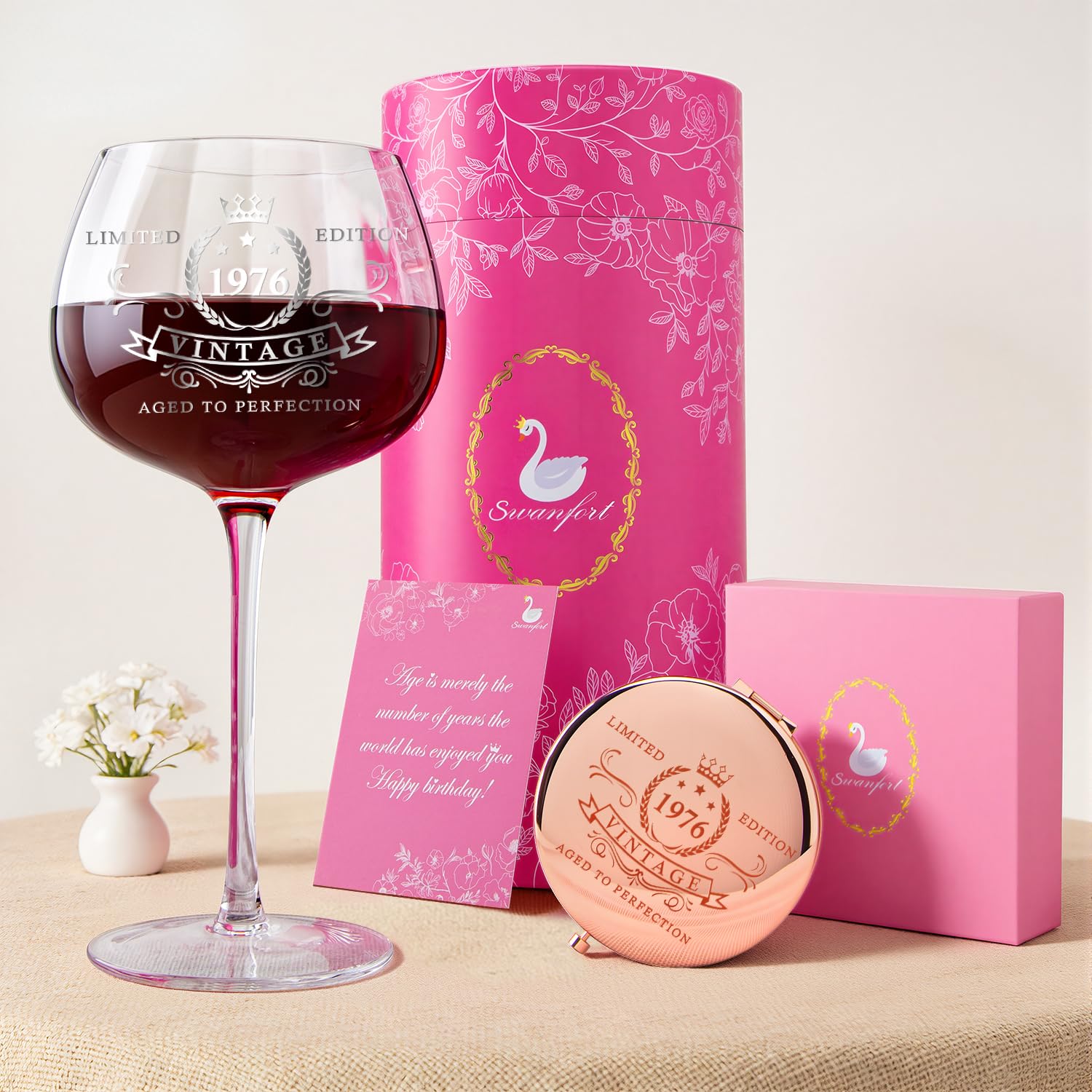 50th Birthday Gifts for Her – 1976 Vintage Wine Glass & Matching Mirror, Elegant Present for Mom, Friend, Daughter, Sister or Wife – Celebrating 50 Years of Love and Life