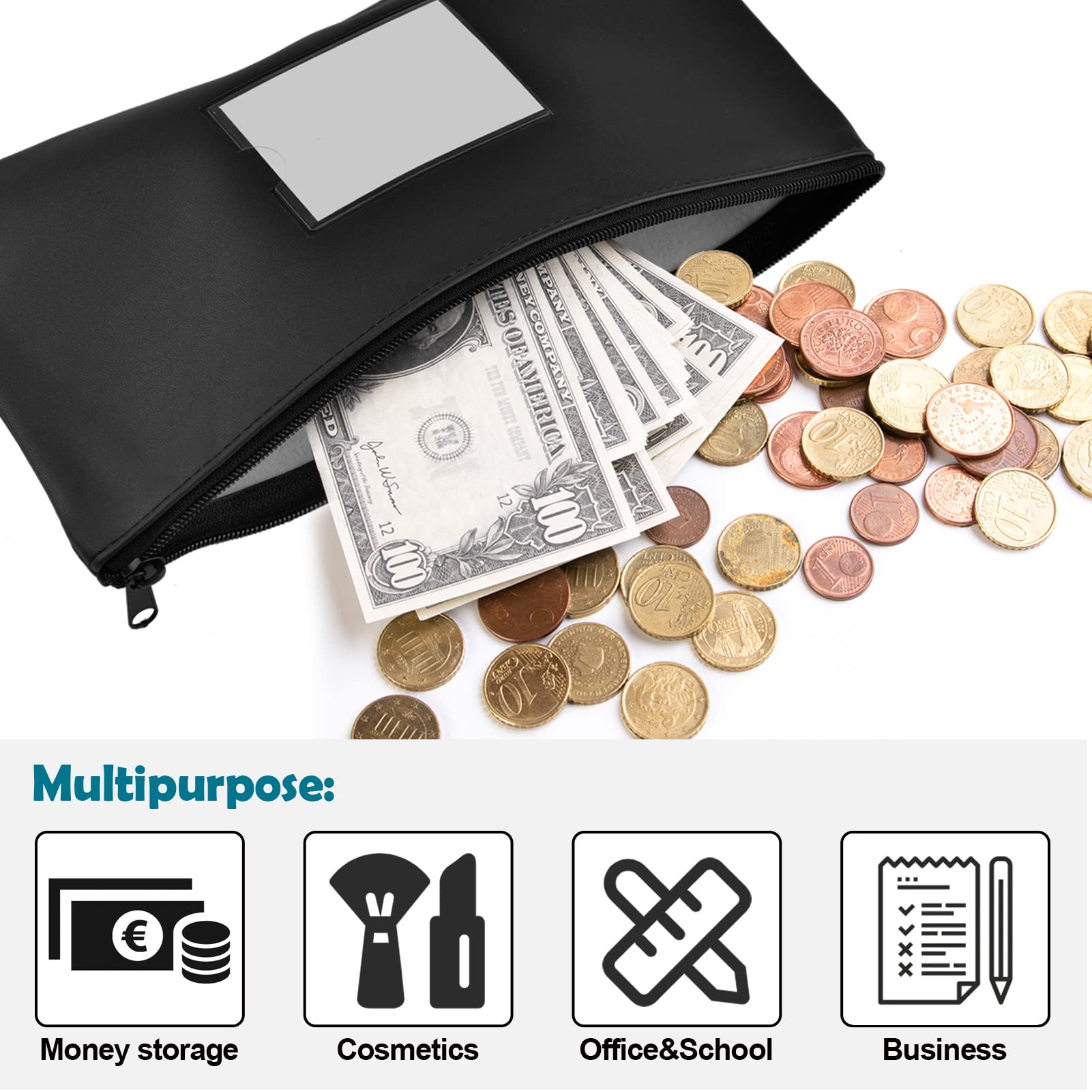 NICKANG Black Money Bags with Zipper for Cash | 11.25" x 6.25" | 6 Pack | Bank Deposit Bags with Zipper, Money Pouches for Cash, Cash Register Bags. (6 Black)