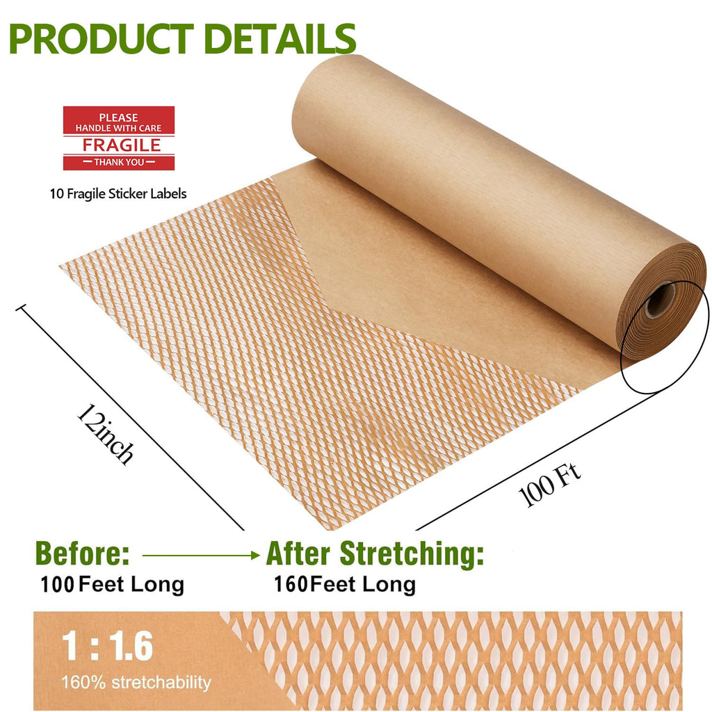 Honeycomb Packing Paper,12" W x 100' L Packing Paper for Moving,Products & Gifts Honeycomb Wrapping Paper,Recyclable and Biodegradable Shipping Packing Materials with 10 Fragile Sticker Labels