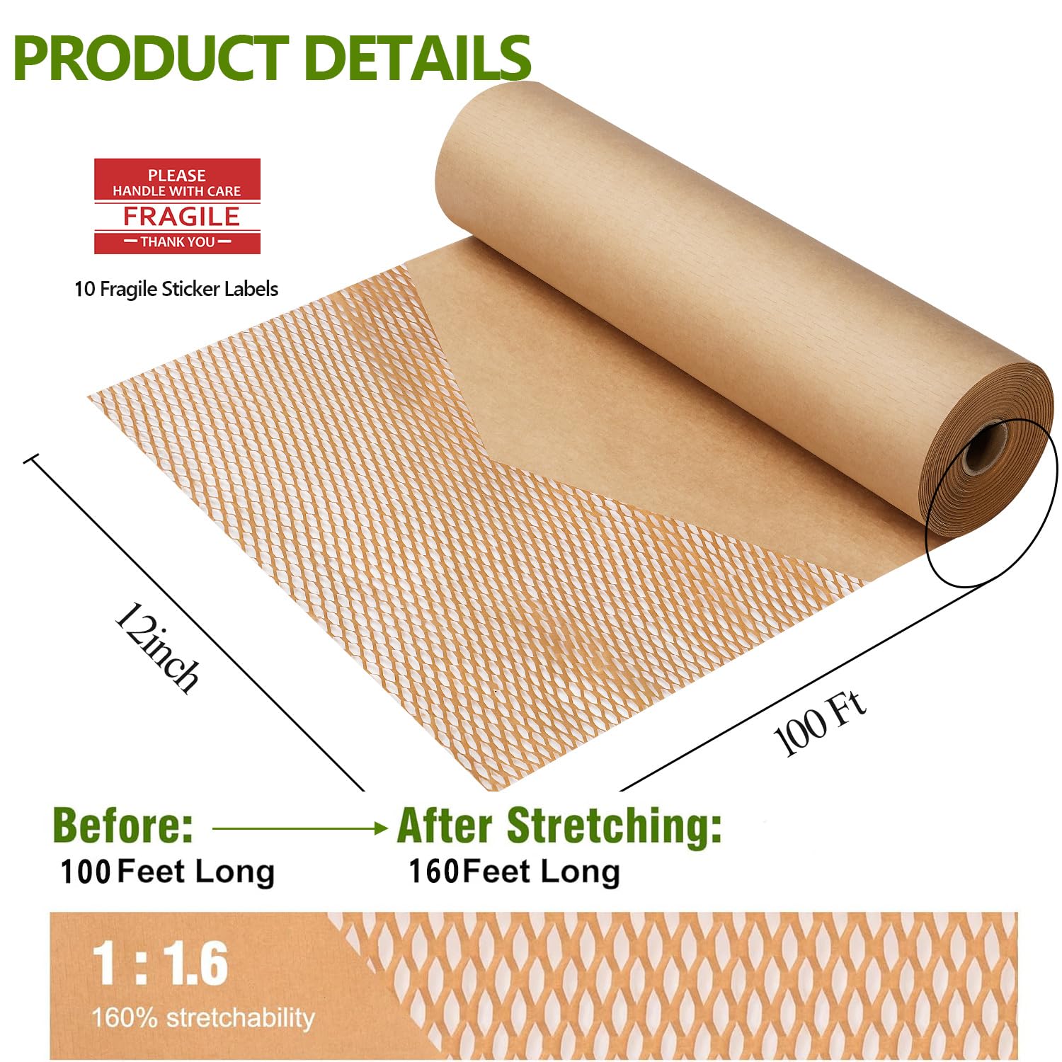 Honeycomb Packing Paper,12" W x 100' L Packing Paper for Moving,Products & Gifts Honeycomb Wrapping Paper,Recyclable and Biodegradable Shipping Packing Materials with 10 Fragile Sticker Labels