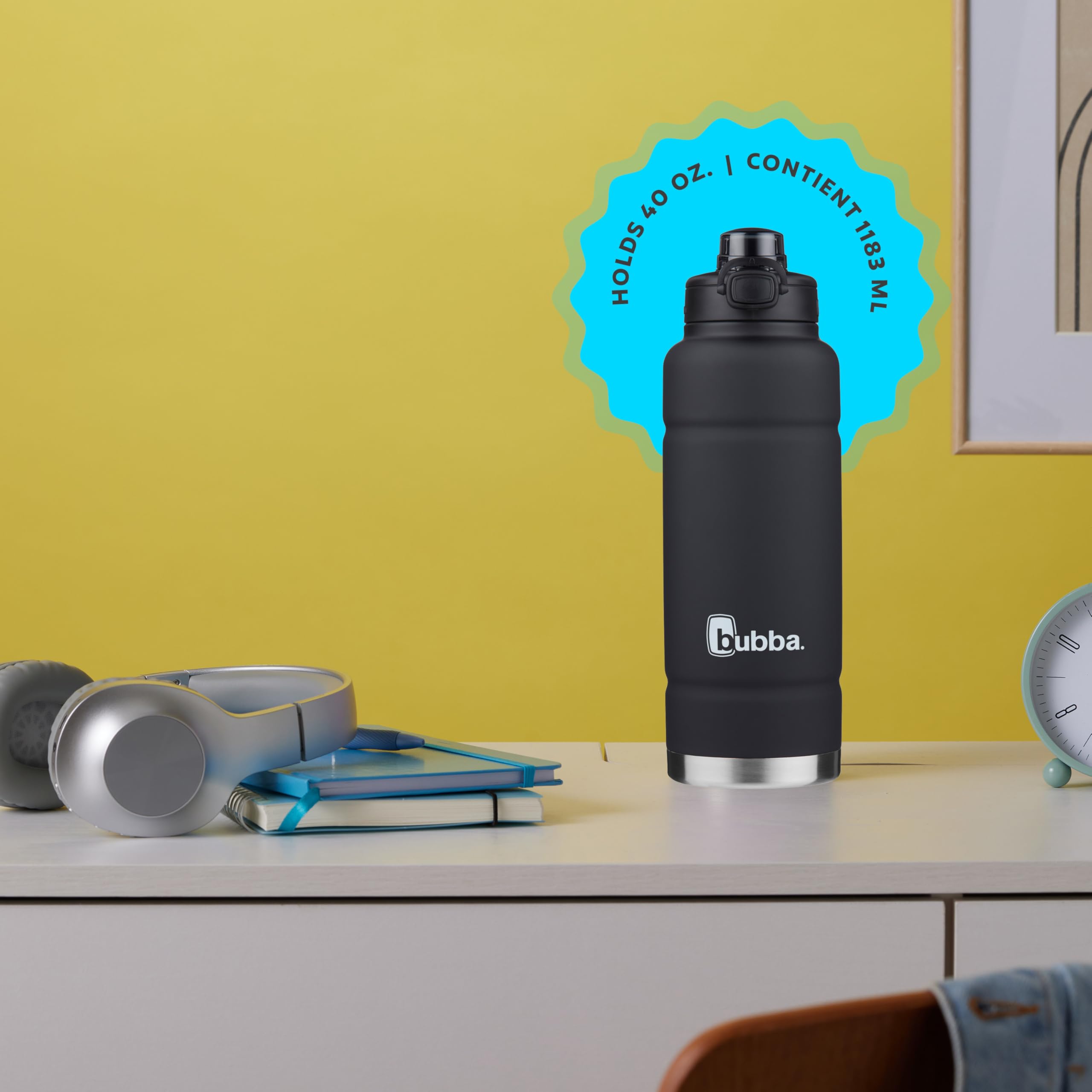 bubba Trailblazer Stainless Steel Water Bottle with Push Button Lid, 40 oz (1.18 L), Vacuum-Insulated, Rubberized Licorice