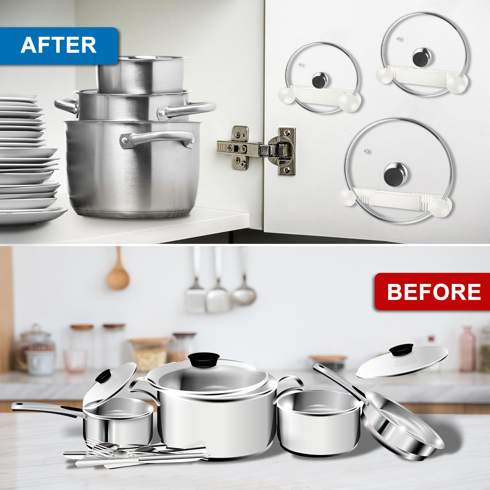 YONGJIA New Upgrade 4 Pack Adjustable Pot Lid Holder, Lid Organizer Fits 6" to 14" Lids, with Screw Hole Position and Sticky Wall Mounted Lid Storage Kitchen Cabinets, Cabinet Doors (WHITE)