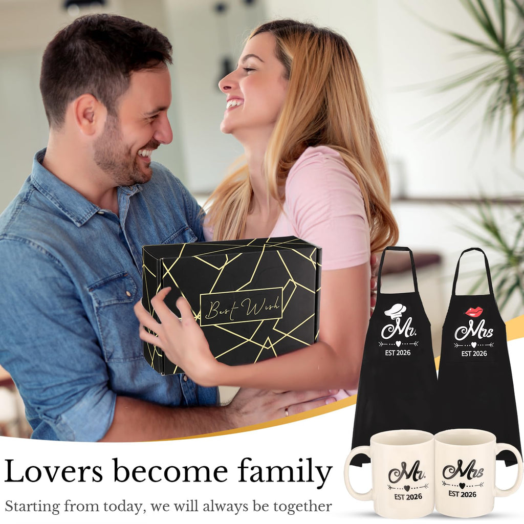 Mr and Mrs Est 2026 Mug and Apron Set, Wedding Engagement Anniversary Bridal Shower Gifts for Couple Mr and Mrs Smith Bride Groom Husband Wife Newlyweds Gifts