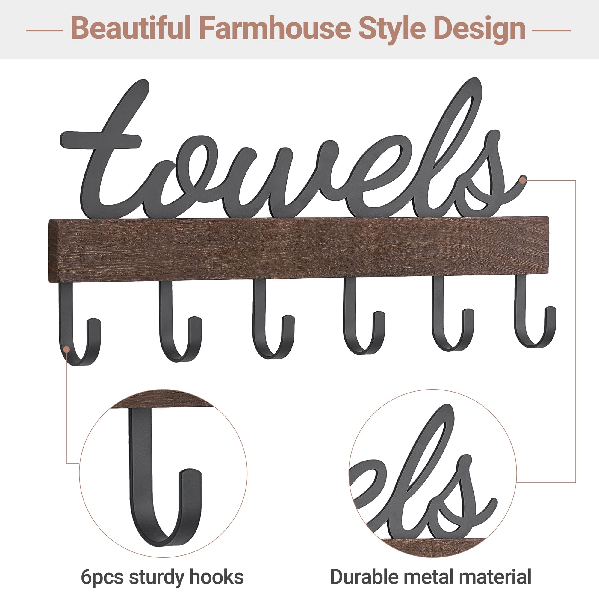 Dahey Small Towel Rack with 6 Hooks, Towel Holder Wall Mount Bathroom Organizer Rustic Farmhouse Home Decor Hanger Storage Hooks for Towel, Robe, Bag, 15" L X 6.7" H, Brown