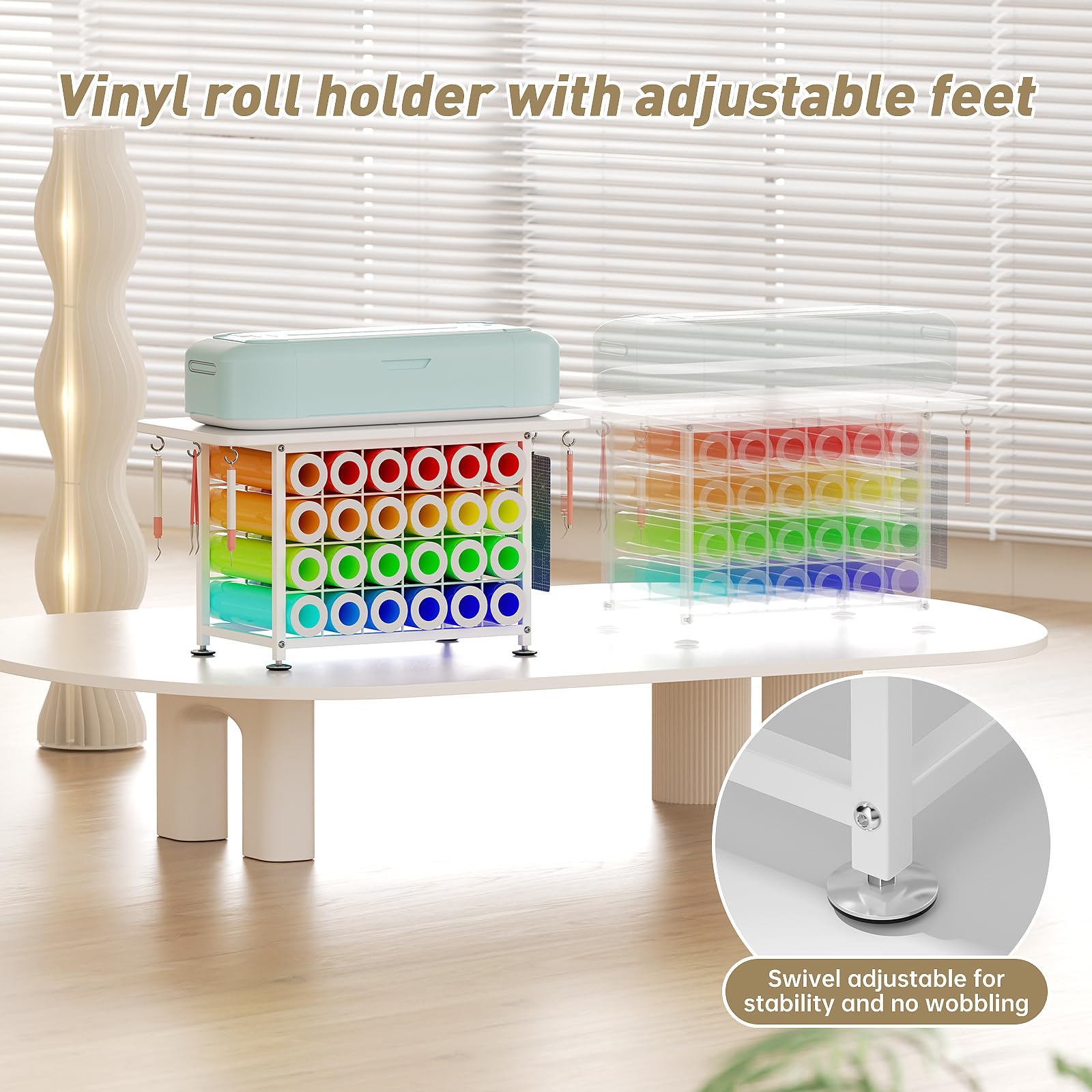 ZHOOGE Small Craft Organizers and Storage Compatible with Cricut Machines Craft Table Storage with 24 Vinyl Roll Holders, Crafting Cabinet Workstation Tool Holder for Craft Room Home Office