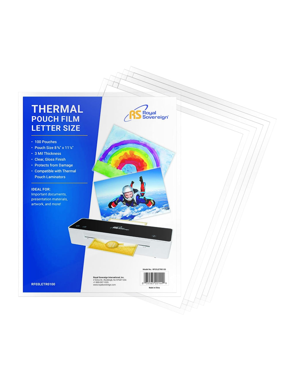Royal Sovereign Thermal Laminating Sheets, 9” x 11.2” Letter Size Pouches Clear Gloss, 3 Mil 100-Pack (RF03LETR0100)