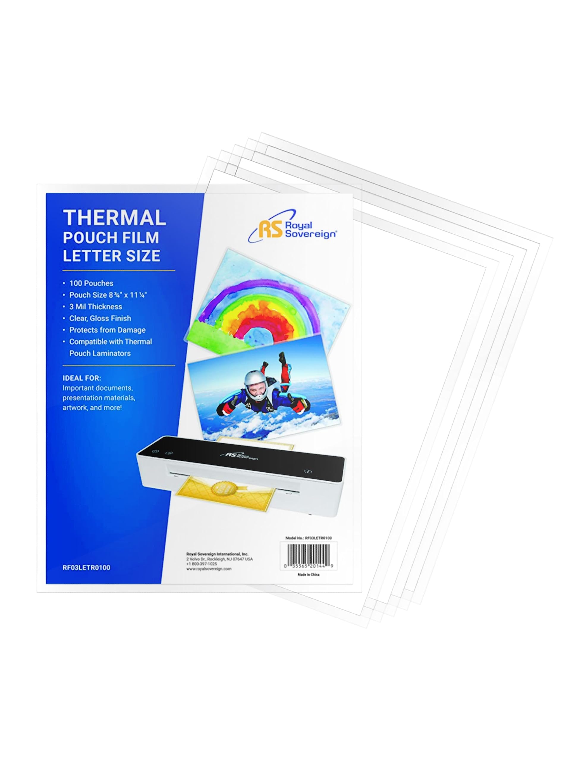 Royal Sovereign Thermal Laminating Sheets, 9” x 11.2” Letter Size Pouches Clear Gloss, 3 Mil 100-Pack (RF03LETR0100)