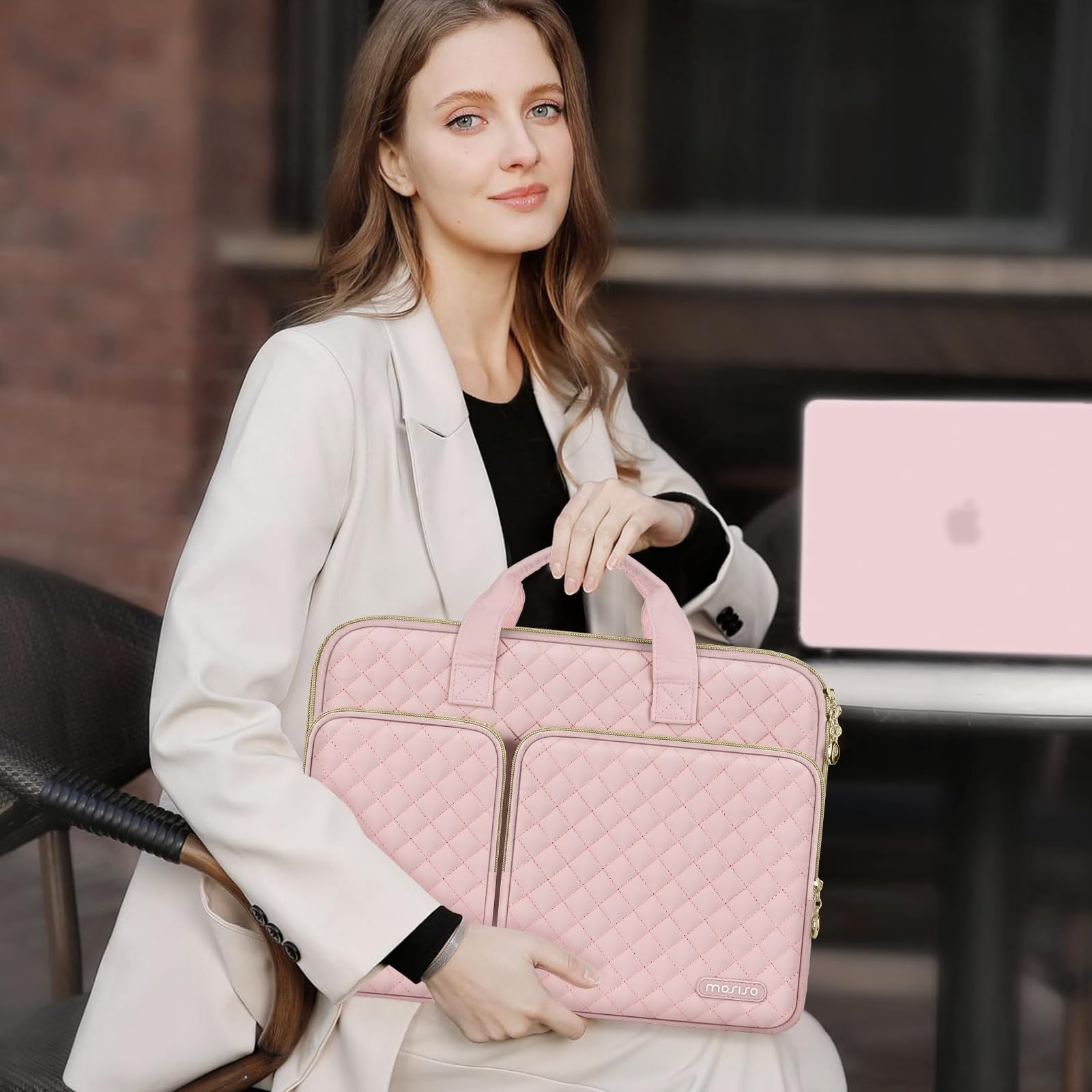 MOSISO 360 Protective Laptop Case 13.3 inch, 13-13.3 inch Laptop Sleeve Compatible with MacBook Air/Pro 13/Pro 14,HP Dell ASUS Lenovo, Square Quilted Bag Cover with 2 Pockets&Handle&Belt,Chalk Pink
