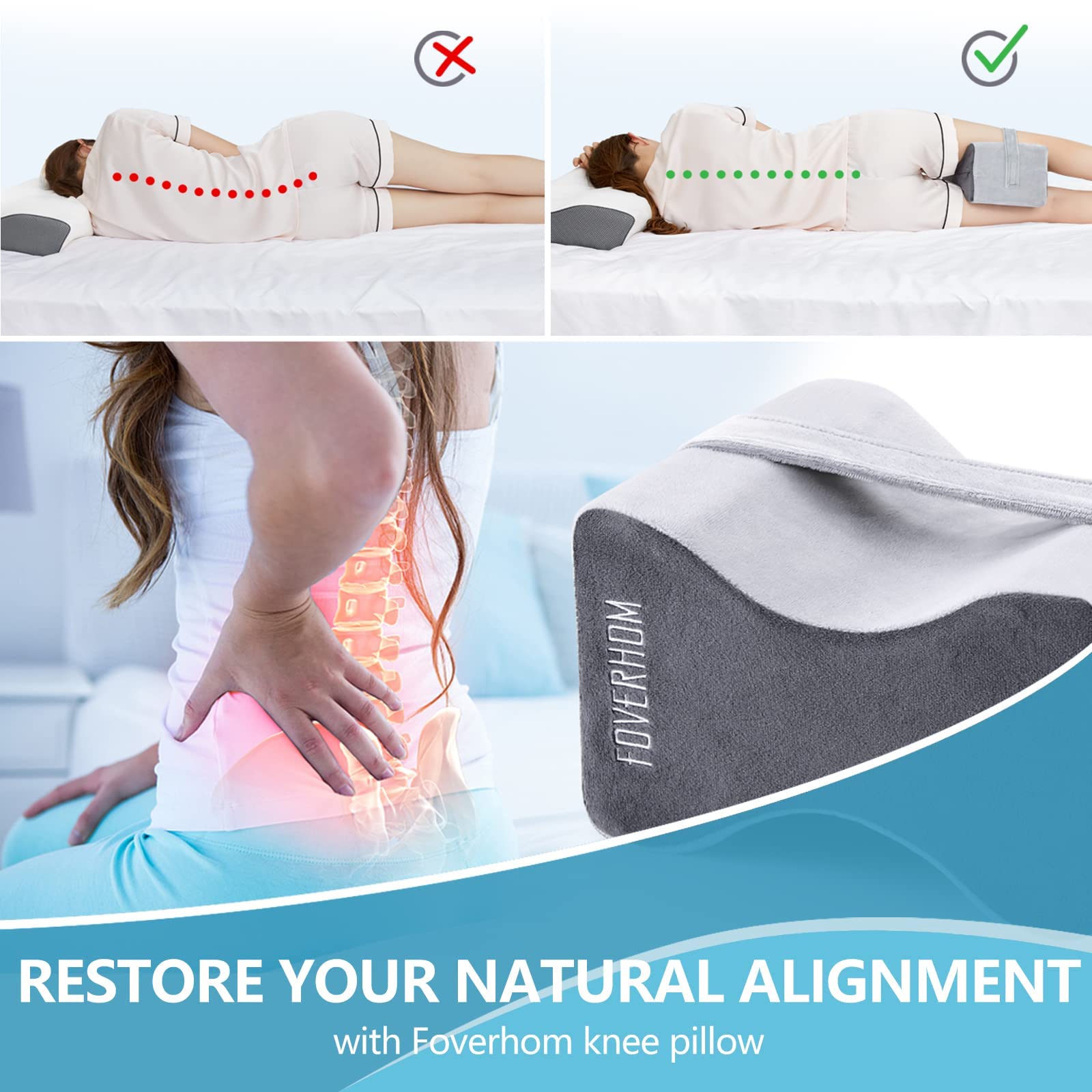 Foverhom Memory Foam Knee Pillow,Orthopedic Leg Pillow for Sciatica Relief,Back Pain, Pregnancy, Leg Pain, Hip Pain and Sciatica Relief
