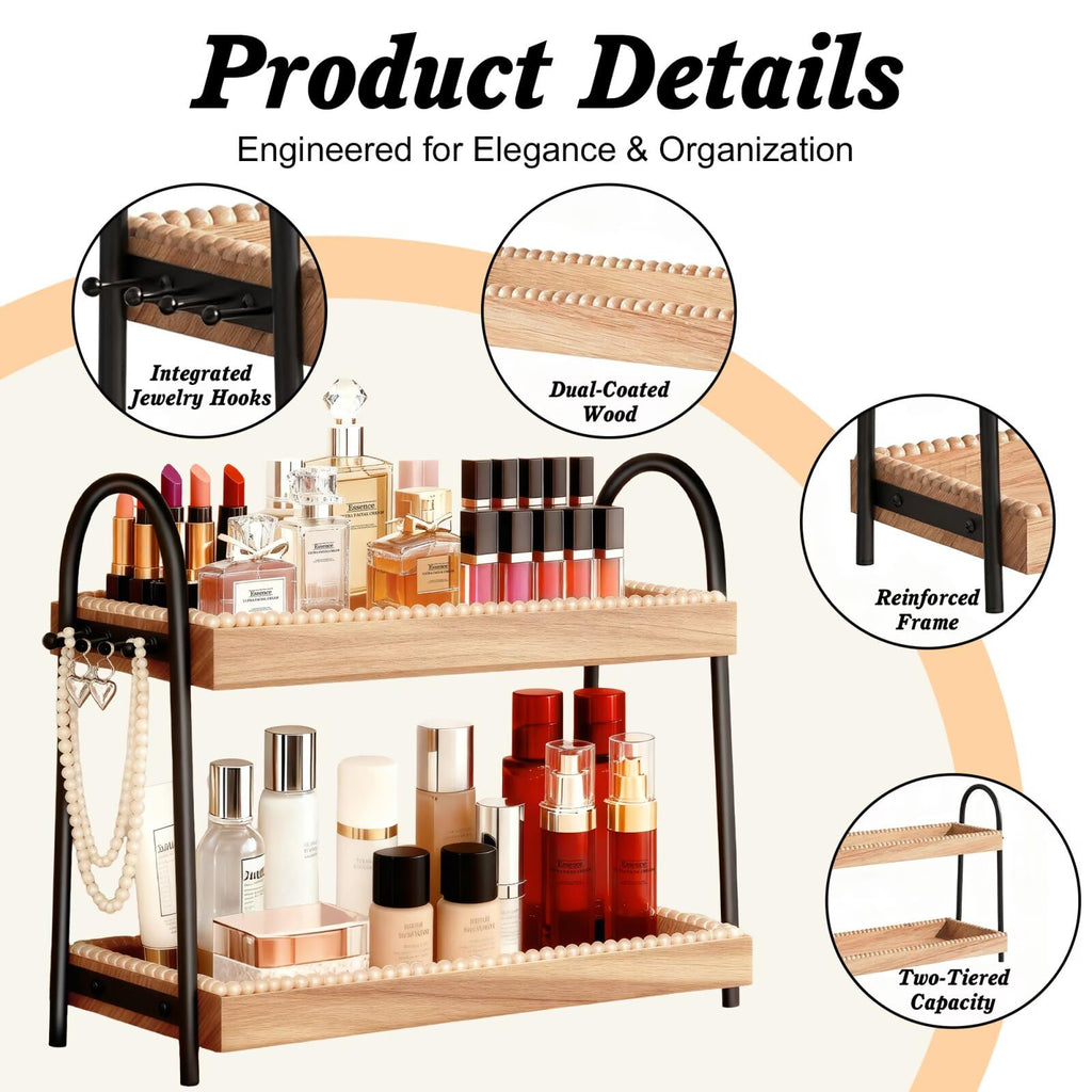 Perfume Organizer & Makeup Stand 2-Tier with 8 Hooks - Large Bathroom Counter Shelf for Vanity Storage, Skincare Display & Cologne Dresser Beauty Holder |Washroom Paulownia Wood Tray (44x18.5x32cm)