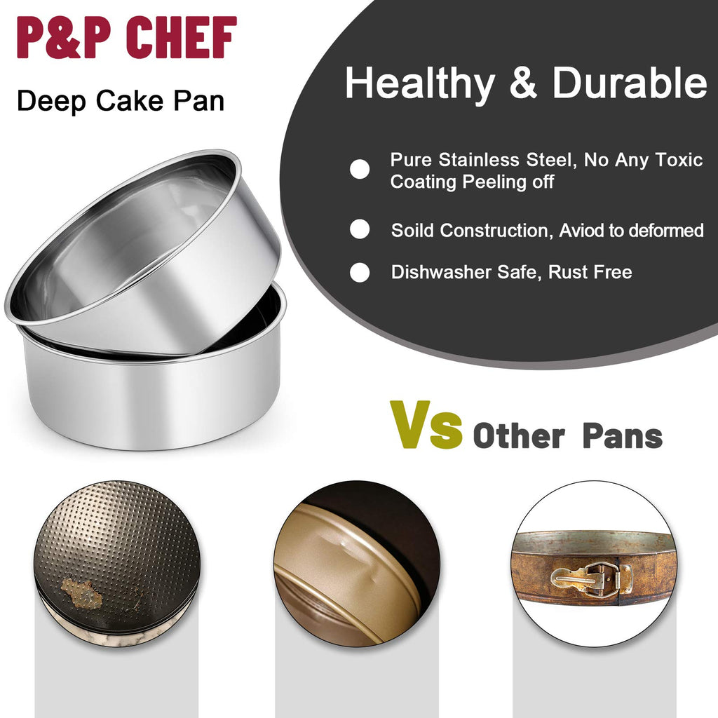 P&P CHEF 8 x 3 Inch Cake Pans Set of 2, Round Baking Pan Stainless Steel Layer Birthday Wedding Cake Oven Pans, Non Toxic & Heavy Duty, Deep Side & Mirror Finish, Easy Clean & Dishwasher Safe