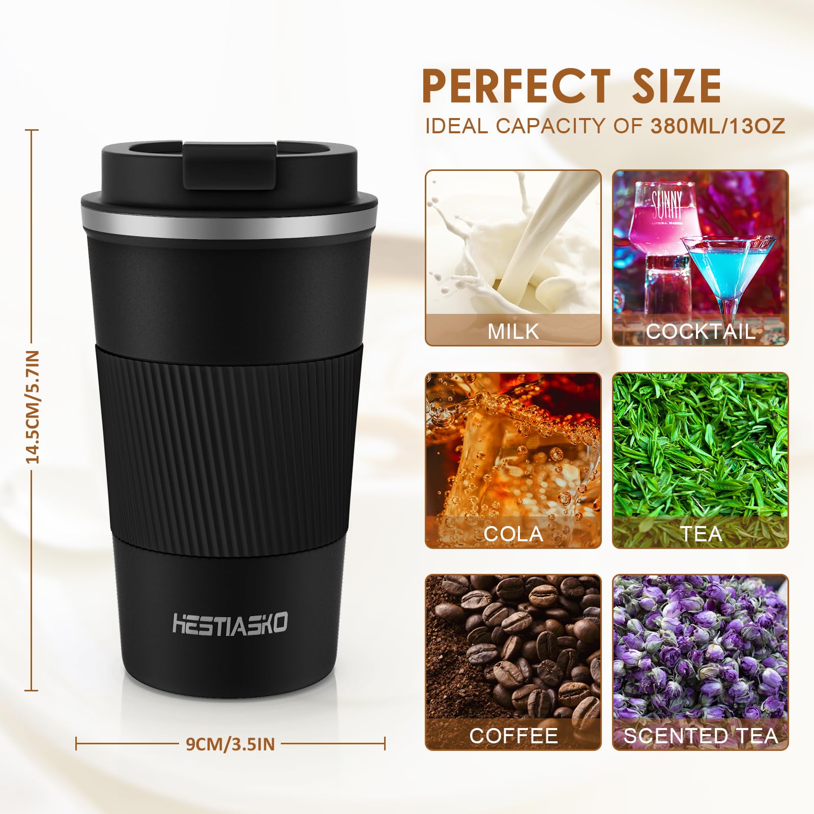Hestiasko 17 oz Coffee Mug, Double Walled Vacuum Travel Mug, Leakproof Travel Coffee Mug with Lid, 304 Stainless Steel Insulated Coffee Mug for Hot Ice Coffee Cola Milk Tea(510ml, Black