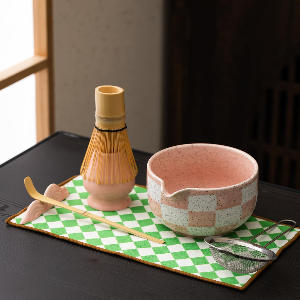7pcs Traditional Matcha Tea Ceremony Set, Purple Ceramic Bowl with Bamboo Whisk, Holder and Strainer (Pink grid)