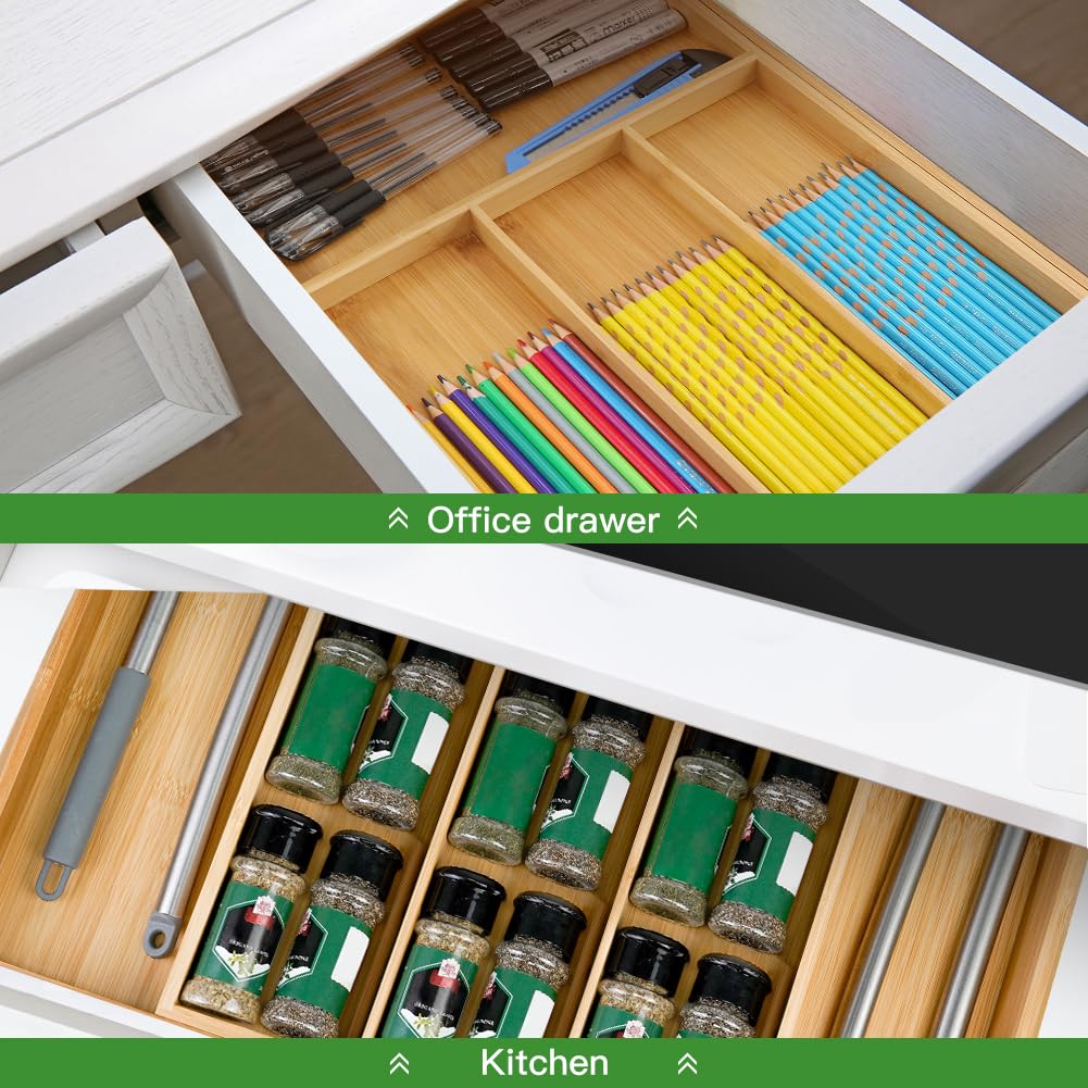 VaeFae Bamboo Drawer Organizer, Expandable Cutlery Drawer Organizer, Wooden Drawer Dividers Organizer for Kitchen Utensils and Flatware