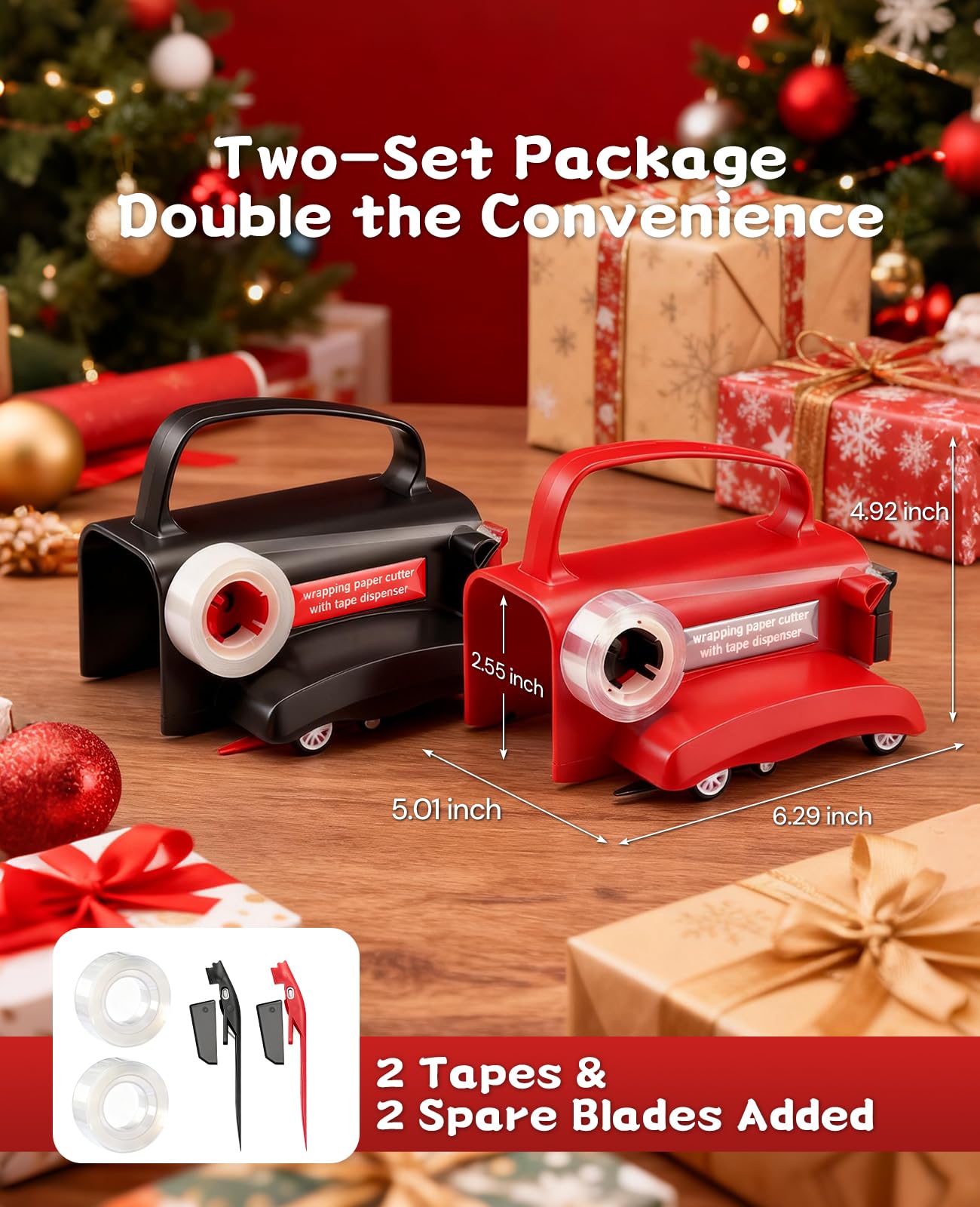 Upgrade 2 Pack Wrapping Paper Cutter with Tape Dispenser, Gift Wrap Cutter Tool with Wheels, 2 Replace Blades & 4 Tapes Kit for Christmas Paper Rolls Wrapping, Safe & Efficient for Precise Cutting